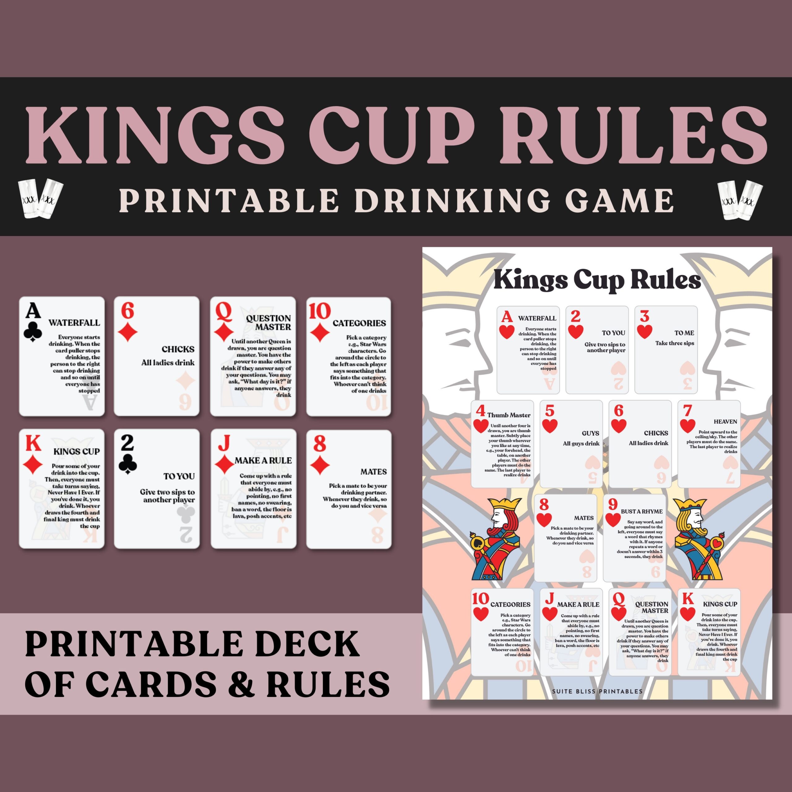 Kings Cup Rules Playing Cards Printable Drinking Games For Parties Bachelorette Games Bridal Shower Games And Bachelor Party Games Etsy