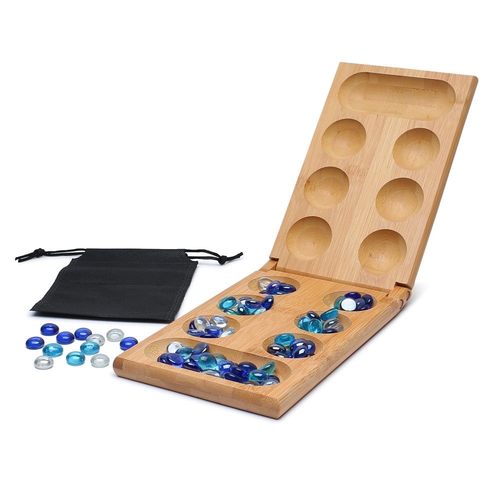 Mancala Board Game With Solid Wood Folding Board 80 Glass Stones Marble Game Set For Kids Adults Walmart