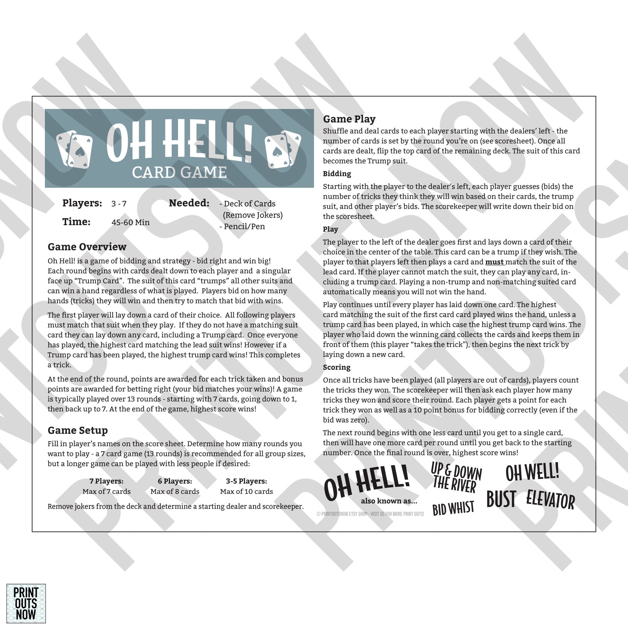 Printable Oh Hell Games Rules Score Sheet Elevator Bust Up And Down The River Etc A4 And Letter Sizes Included Etsy New Zealand