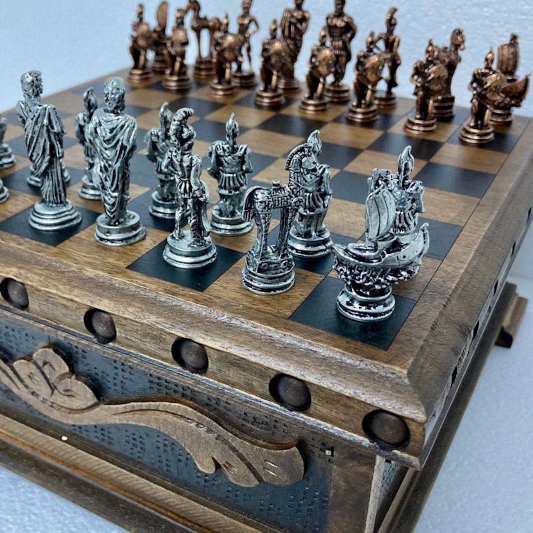 Puzzle Box Wooden Chess Set With Trojan War Metal Chess Pieces Handmade Unique Chess Board And Pieces Personalized With Laser Printing Etsy