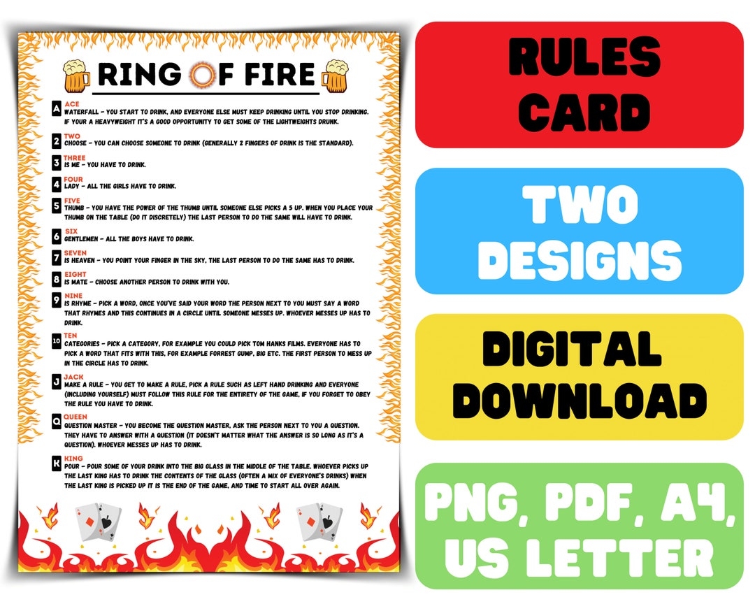 Ring Of Fire Rules Printable Drinking Ring Of Fire Rules Drinking Card Game Digital Download Downloadable File Etsy