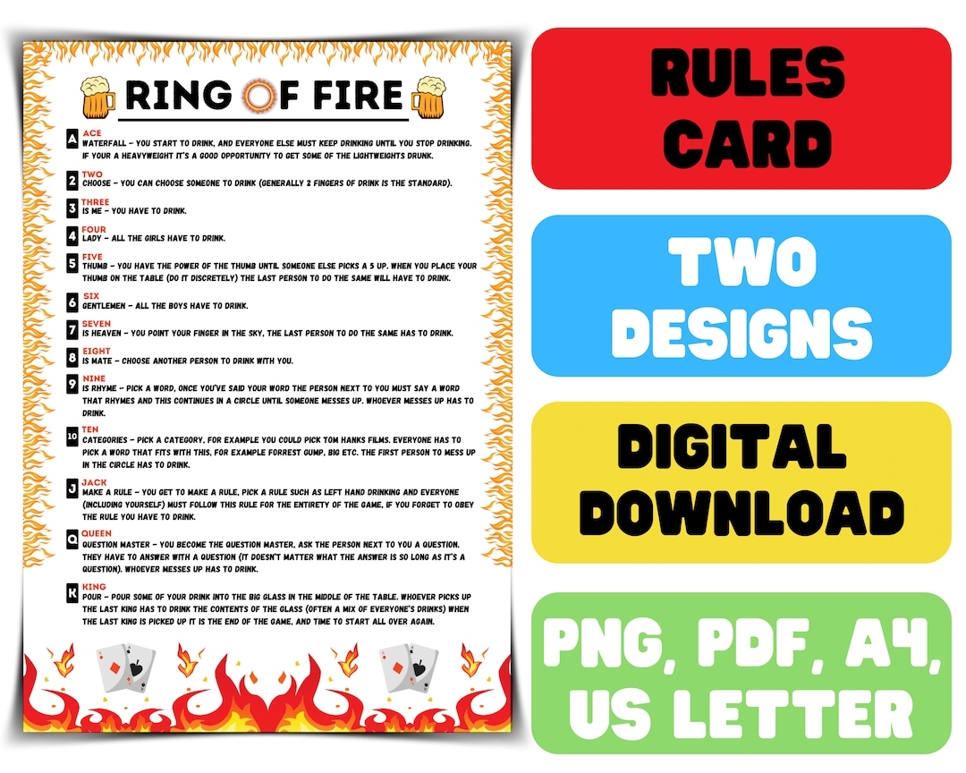 Ring Of Fire Rules Printable Drinking Ring Of Fire Rules Drinking Card Game Digital Download Downloadable File Etsy