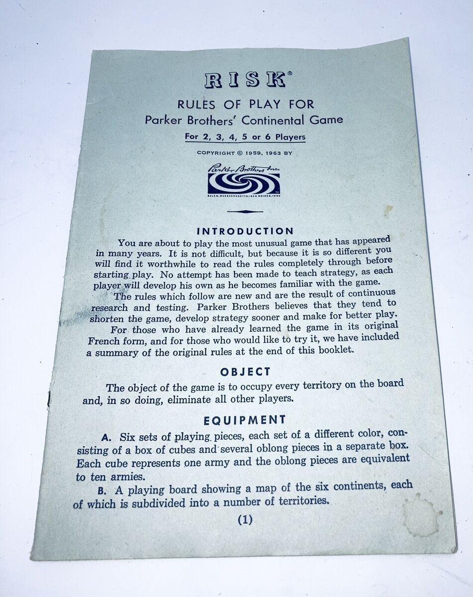 RISK Board Game Instructions Manual Rules Replacement Part Vintage 1959 1963 EBay