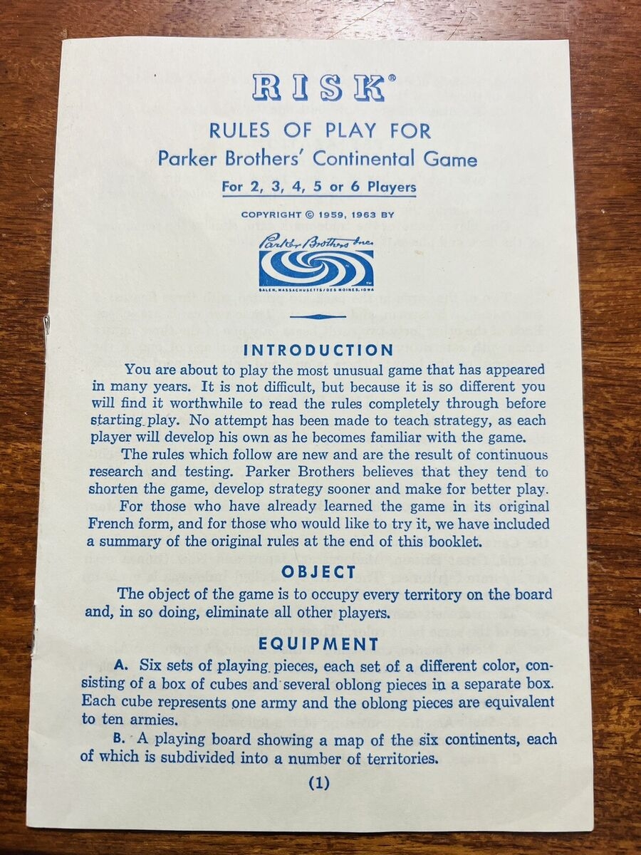 RISK Board Game Instructions Manual Rules Replacement Part Vintage 1959 1963 EBay