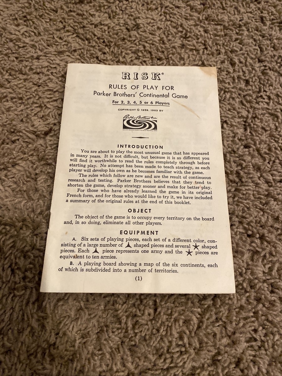 RISK Board Game Instructions Manual Rules Replacement Part Vintage 1959 1963 QQ EBay