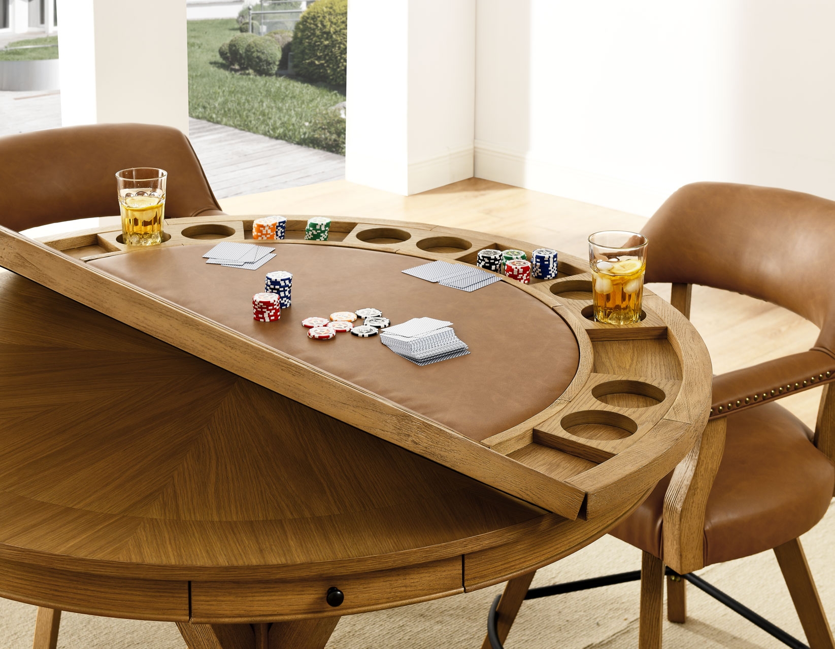 Rylie 48 inch Round Counter Dining Table With 4 Drawers And Folding Game Top Natural Finish Steve Silver Company
