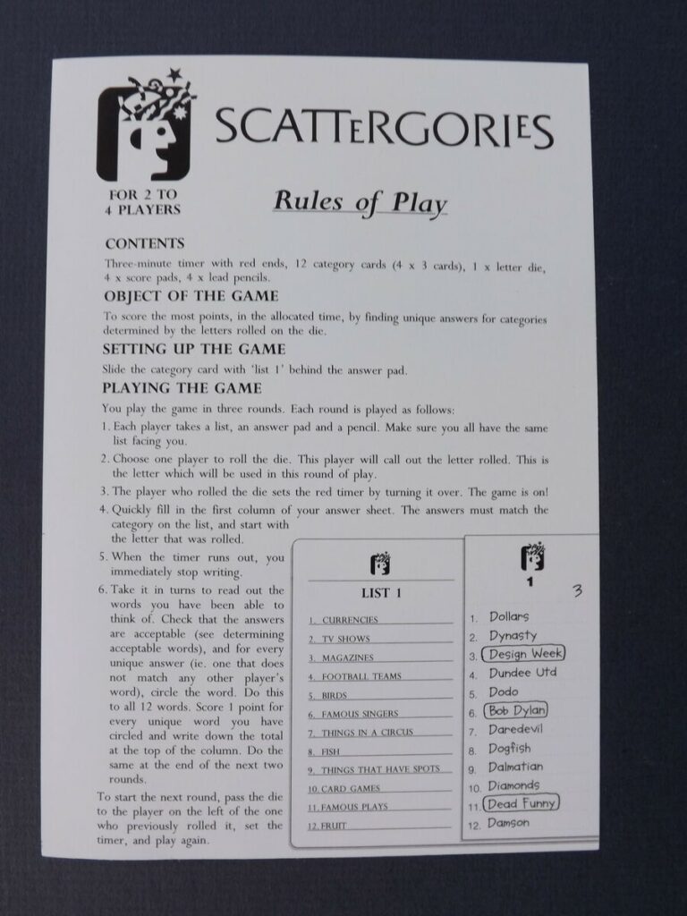 SCATTERGORIES 1995 Board Game RULES OF PLAY Immaculate EBay