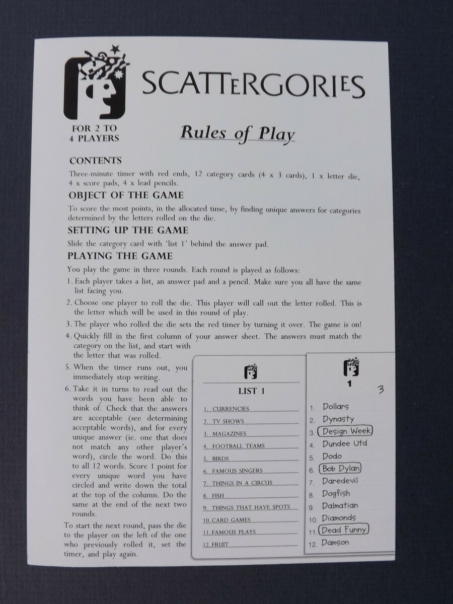 SCATTERGORIES 1995 Board Game RULES OF PLAY Immaculate EBay