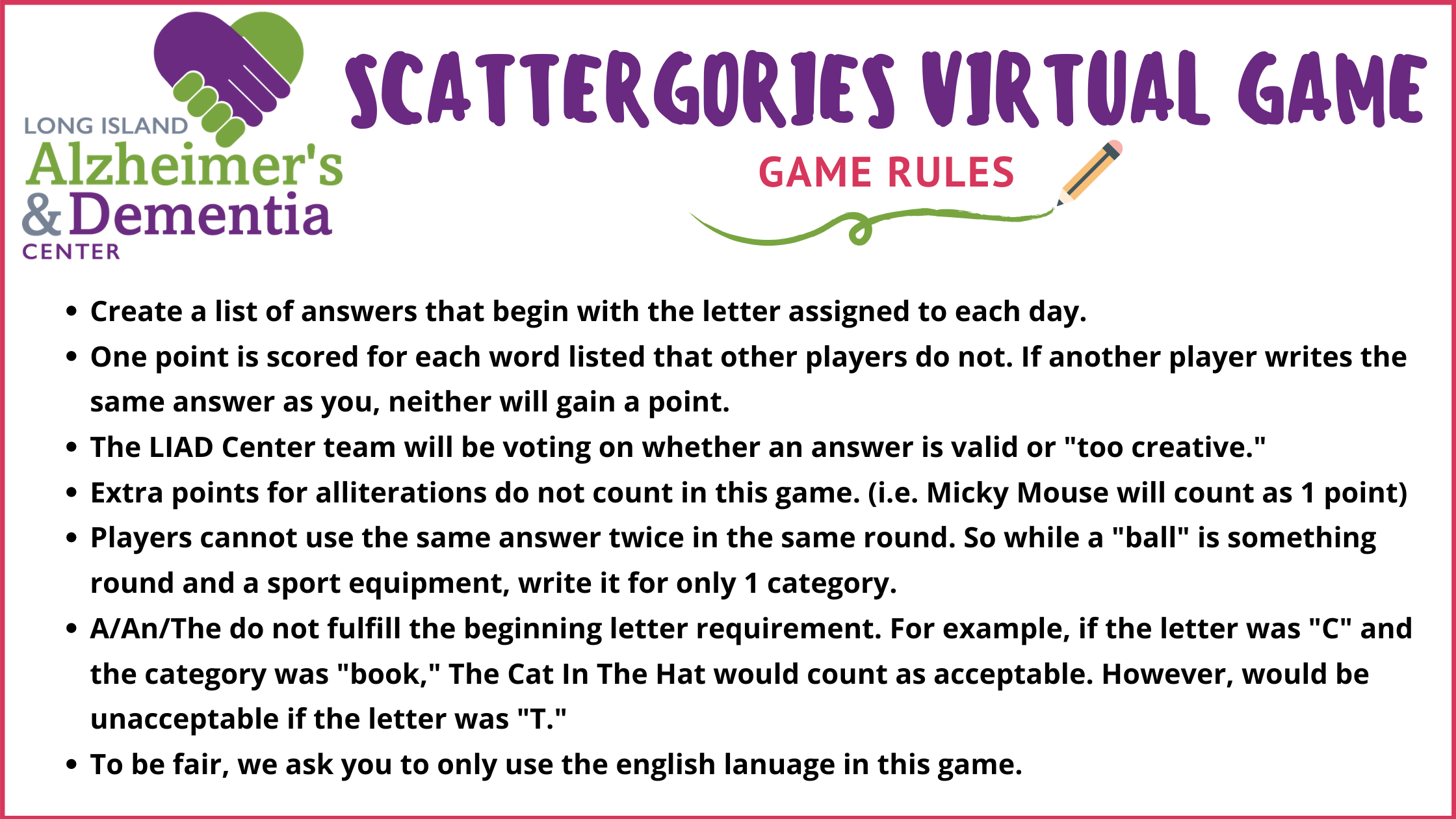 Scattergories Virtual Game Long Island Alzheimer s And Dementia Center