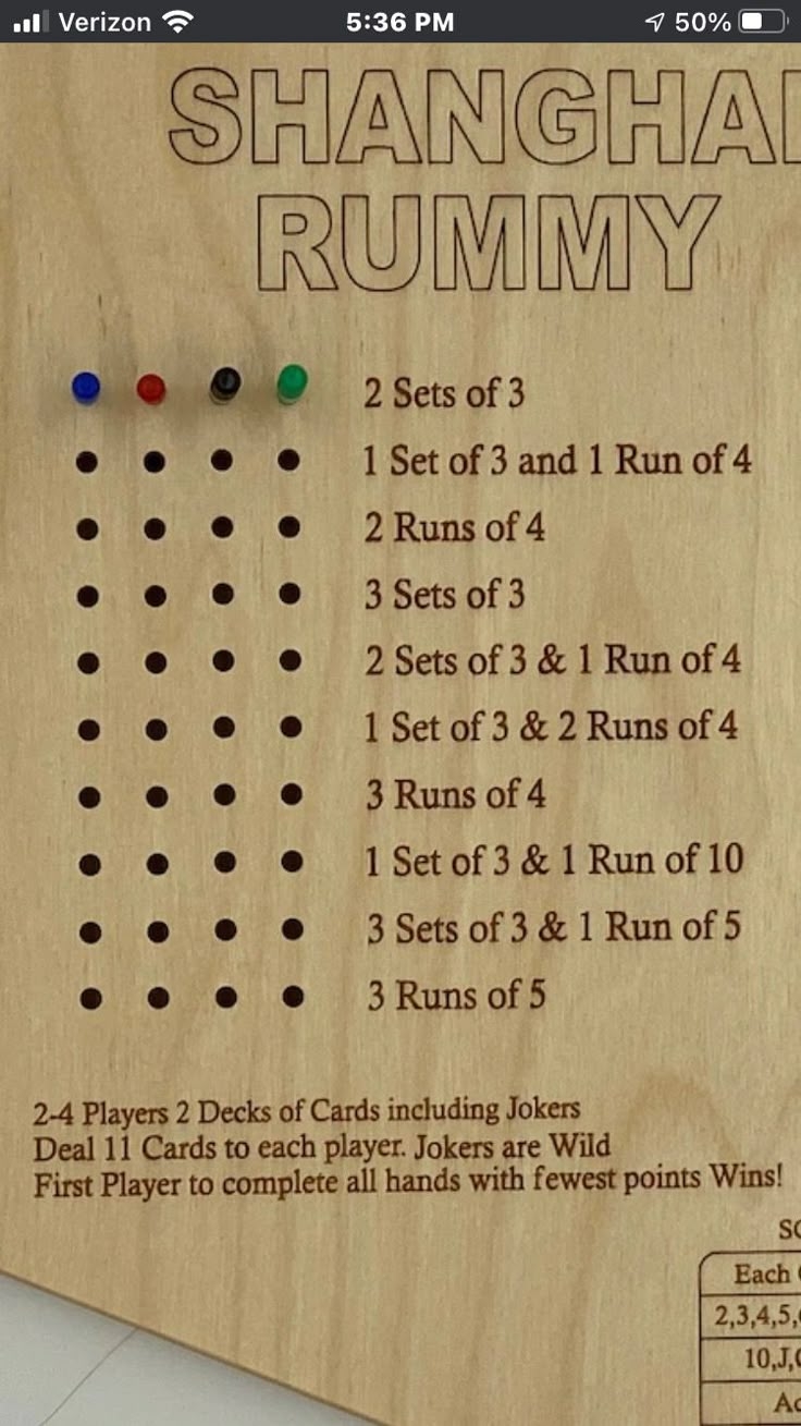 Shanghai Rummy Game Board With Numbers And Instructions