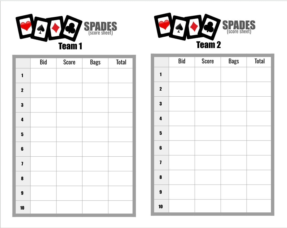 score sheet for spades card game score sheet for spades card game