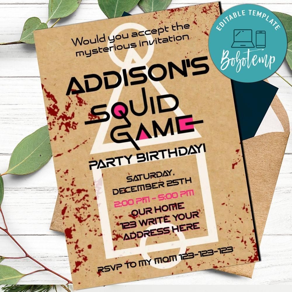 Squid Game Birthday Invitation Customizable Template DIY Bobotemp