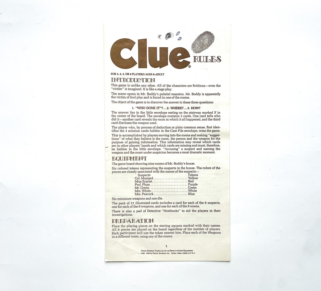 Vintage Clue Game Instructions 1972 Vintage Clue Game Clue Game Etsy Norway