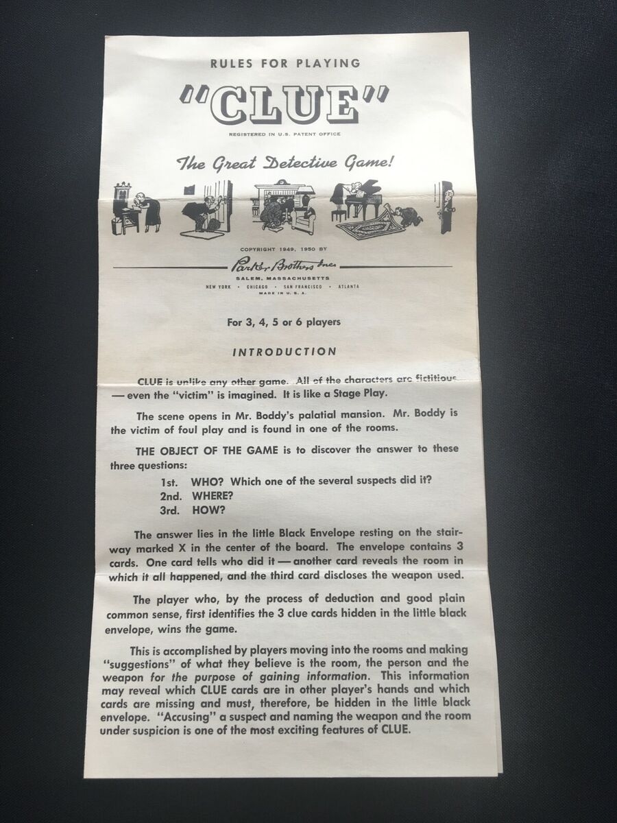 Vintage Original RULEs For Playing CLUE Board GAME Parker Brothers 1949 1950 EBay
