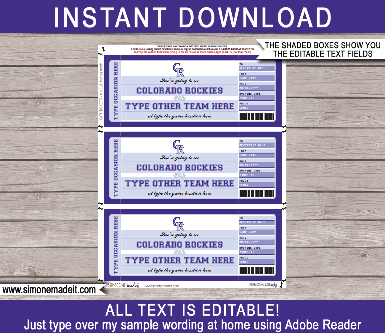 Colorado Rockies Game Ticket Gift Voucher Printable Surprise Baseball Tickets