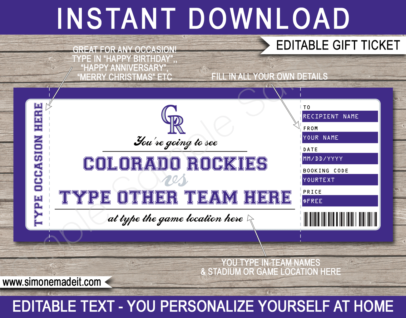 Colorado Rockies Game Ticket Gift Voucher Printable Surprise Baseball Tickets