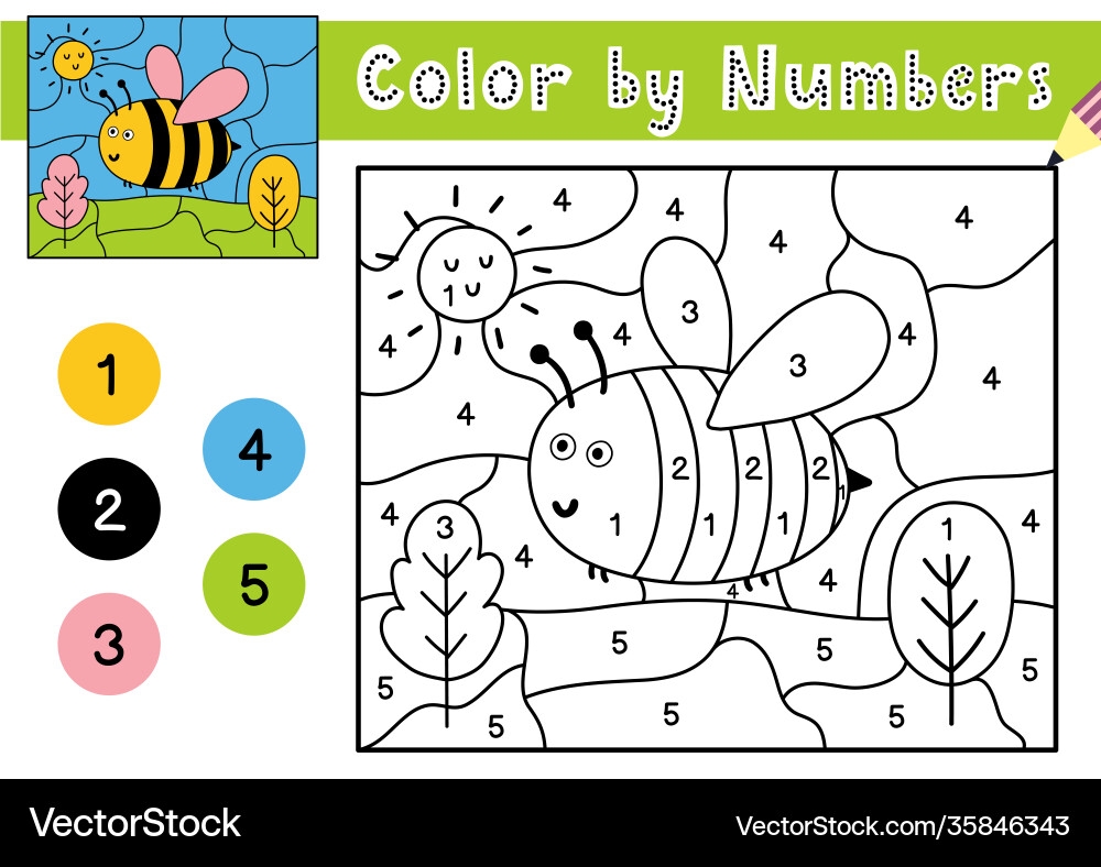Cute Bee Color By Number Worksheet Royalty Free Vector Image