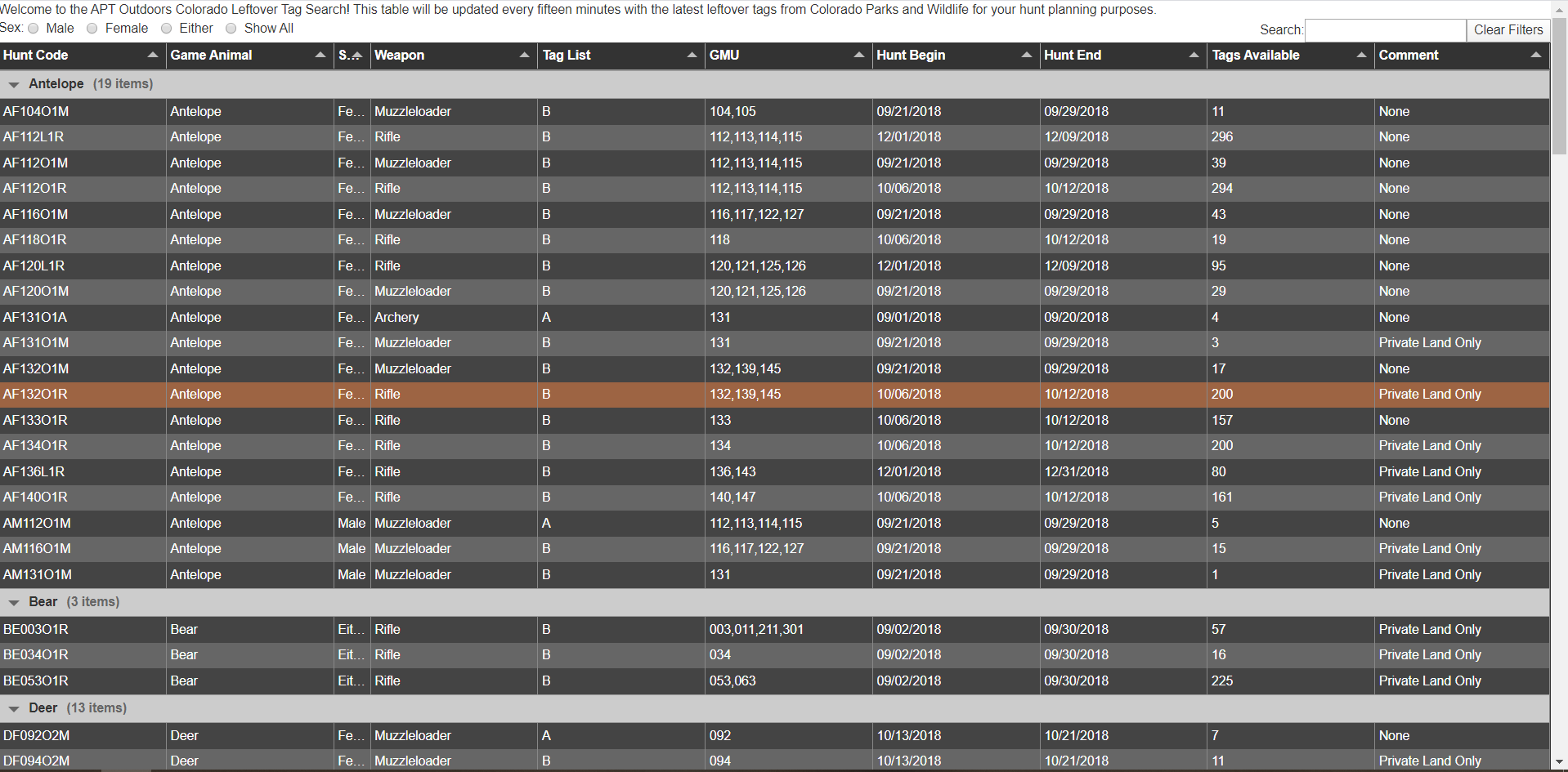 Enhanced Searchable Colorado Leftover List APT Outdoors