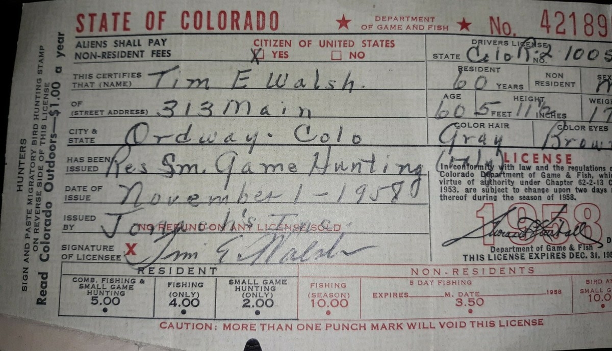 Vintage Colorado Small Game Hunting License With Envelope 1958 Tel Tel Company EBay